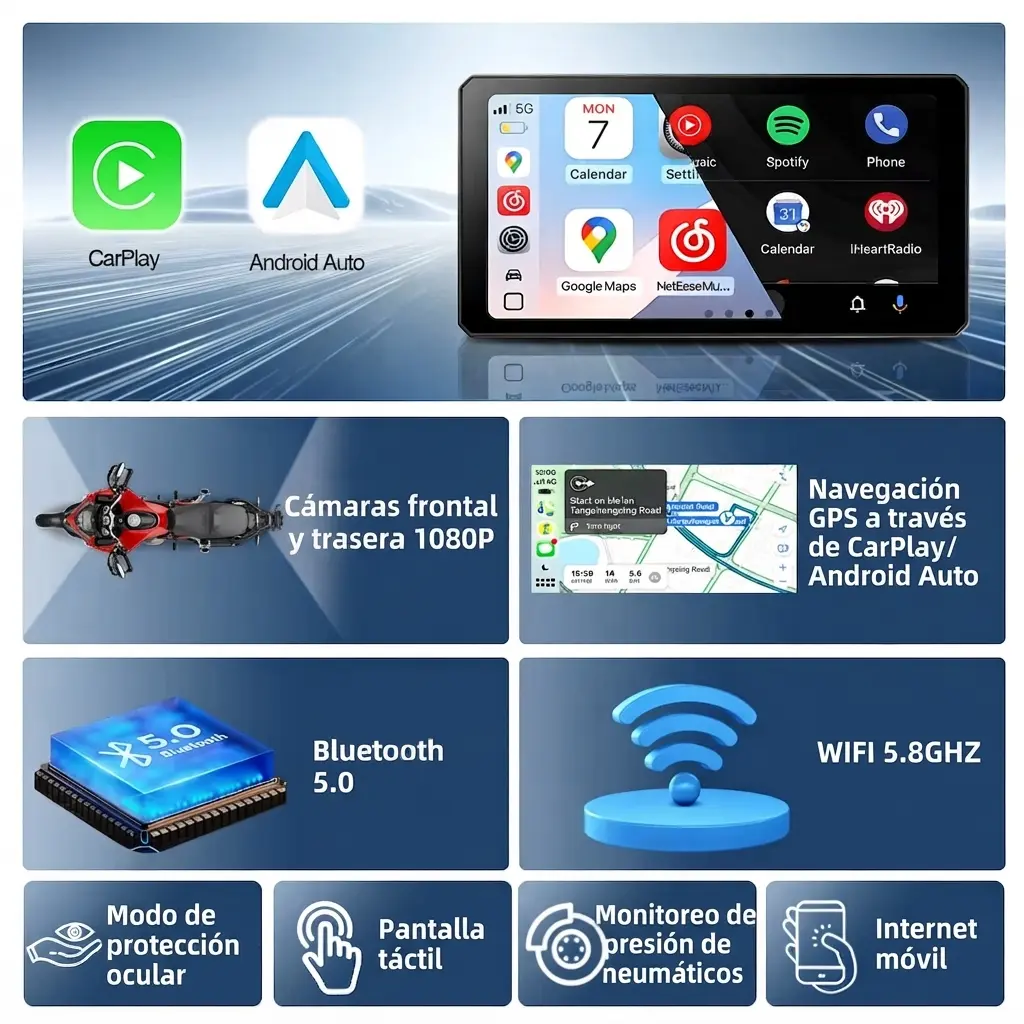 Pantalla para Moto con Carplay y Android Auto, Cámaras y TPMS, 6 pulgadas - Imagen 6